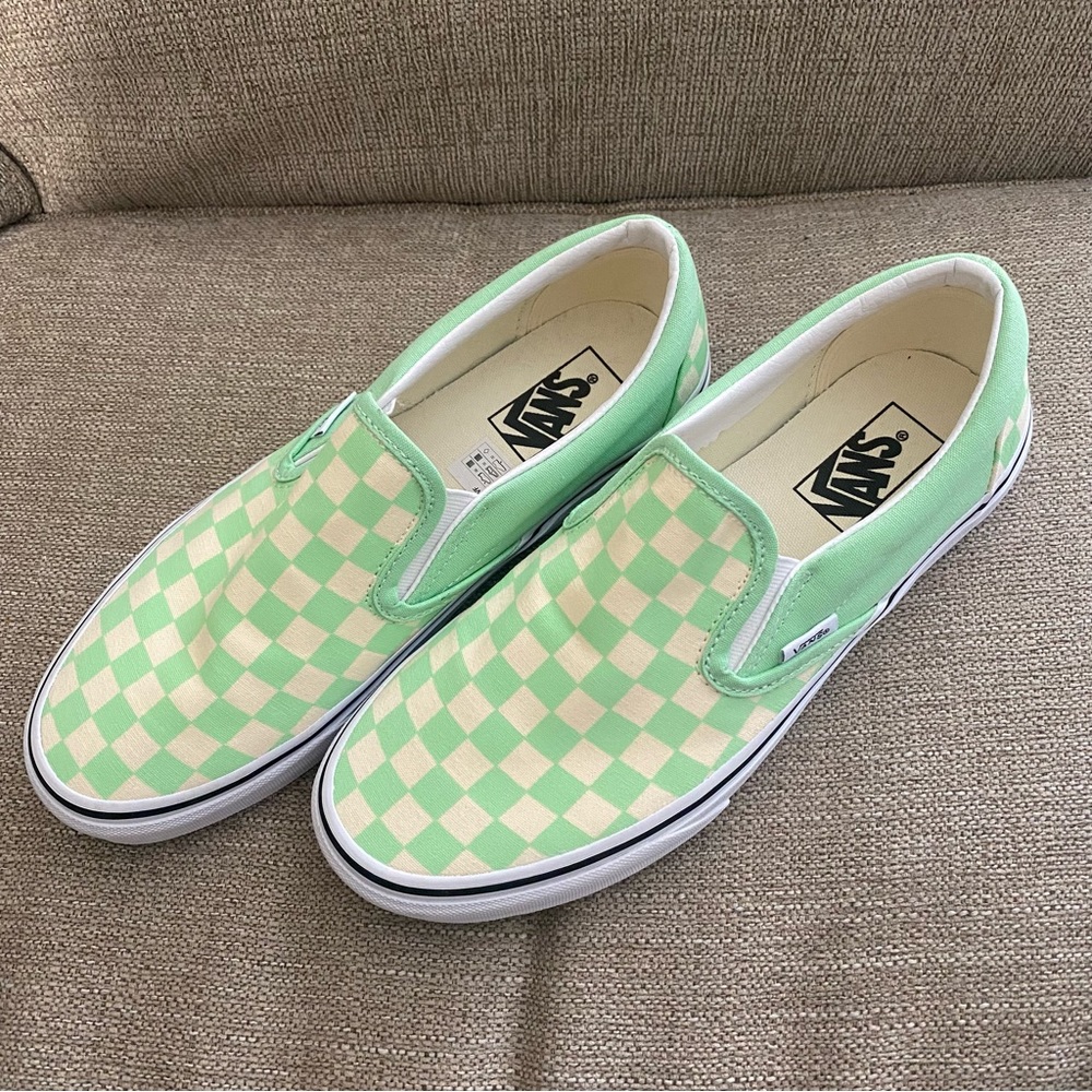 Lime green and cream check slip on vans